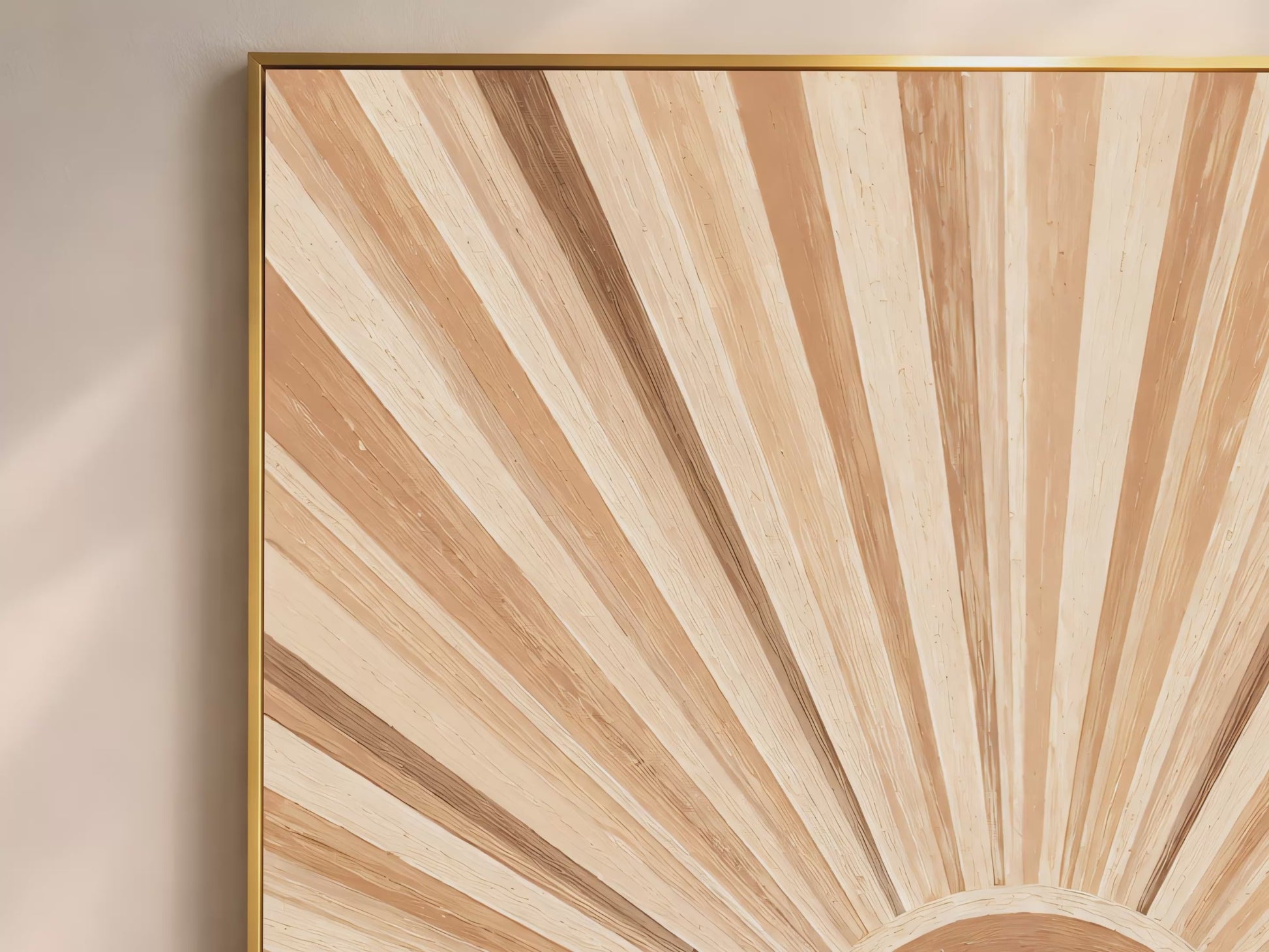 Video thumbnail close-up of impasto sunburst painting showing radiating camel and cream wood-grain texture detail
