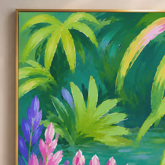 Colorful alligator tropical print in a gold frame displayed as a video mockup in a warm interior setting with lush jungle tones
