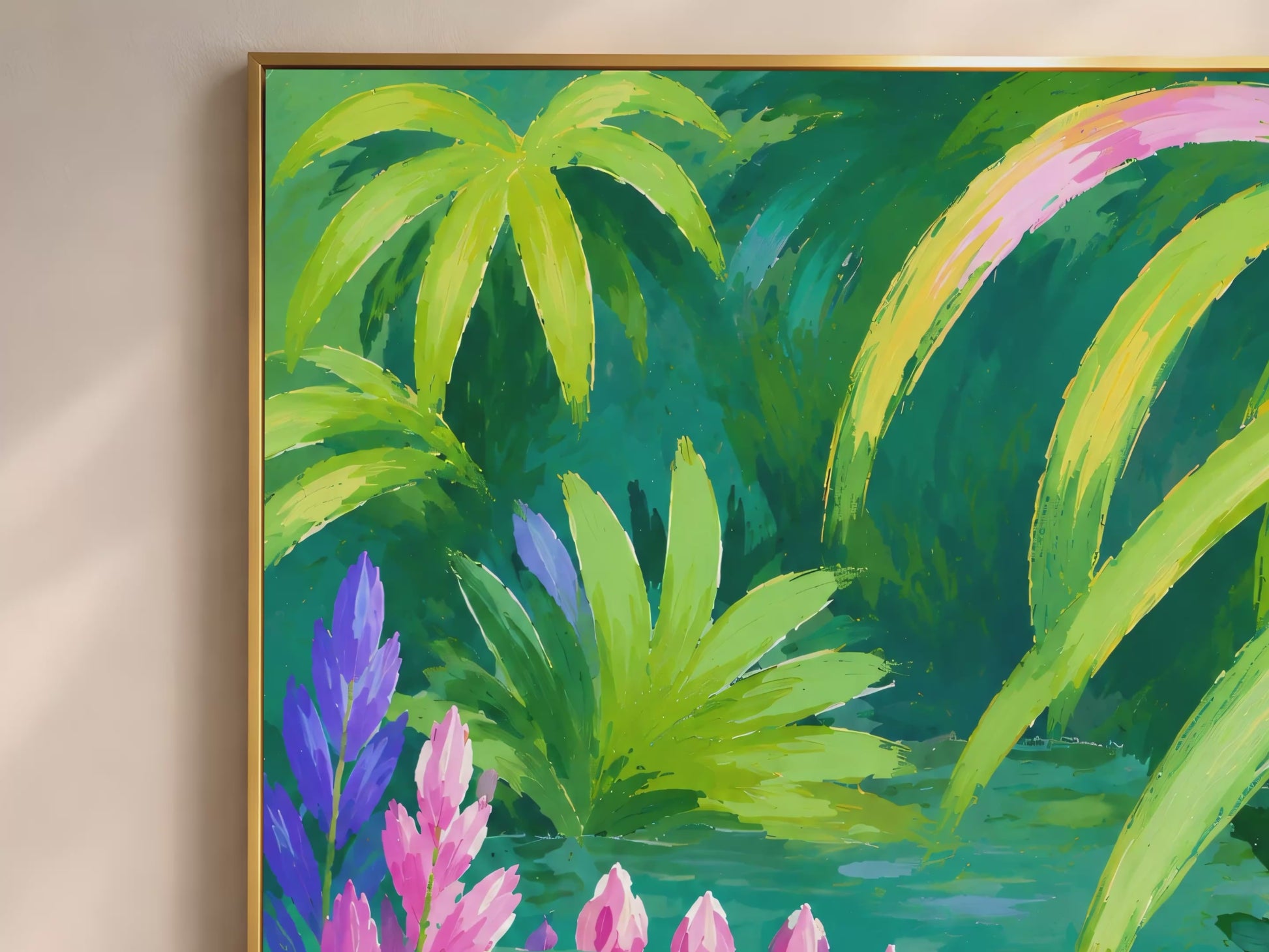 Colorful alligator tropical print in a gold frame displayed as a video mockup in a warm interior setting with lush jungle tones
