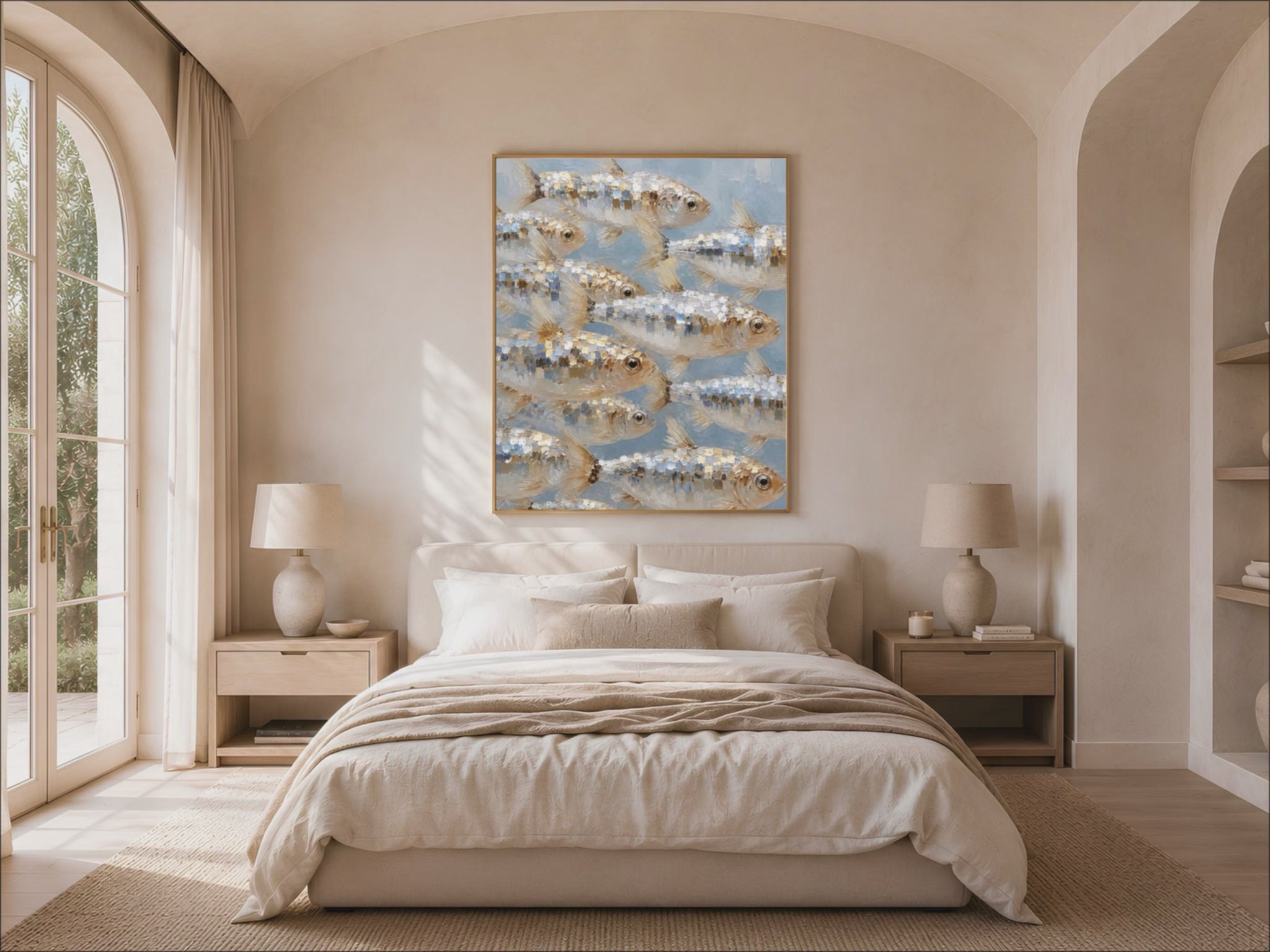 School of fish wall art hung in a sunlit bedroom with arched window, coastal nautical impasto painting print