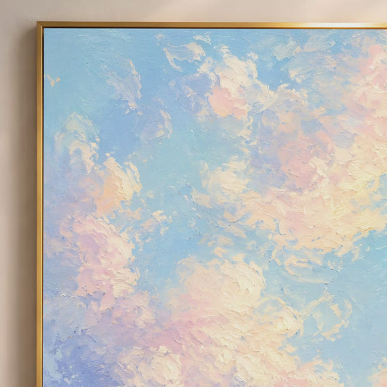 Video thumbnail close-up of impasto pastel cloud painting showing soft brushwork in blush pink, peach, and sky blue
