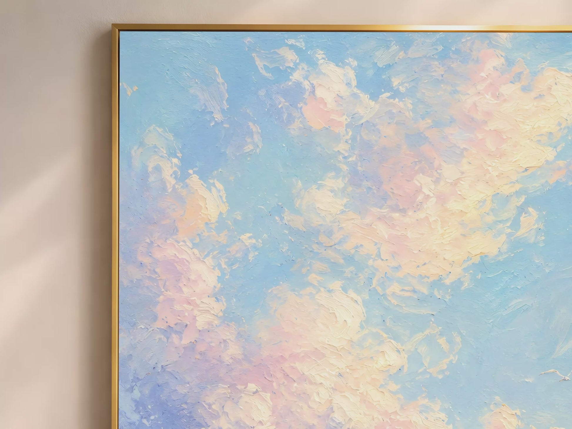 Video thumbnail close-up of impasto pastel cloud painting showing soft brushwork in blush pink, peach, and sky blue

