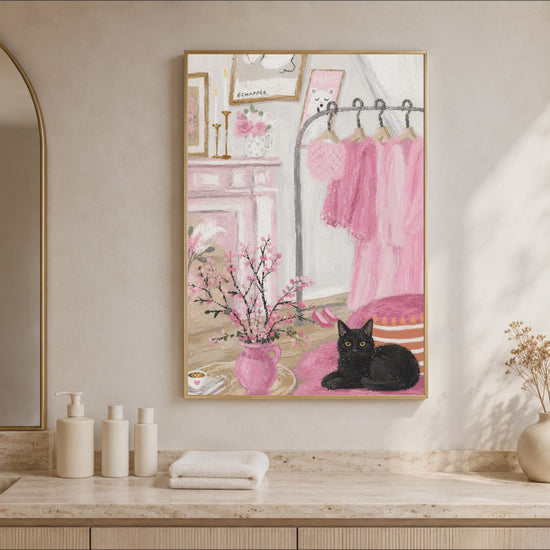 Video of pink boudoir art framed above a bathroom vanity, coquette black cat wall decor