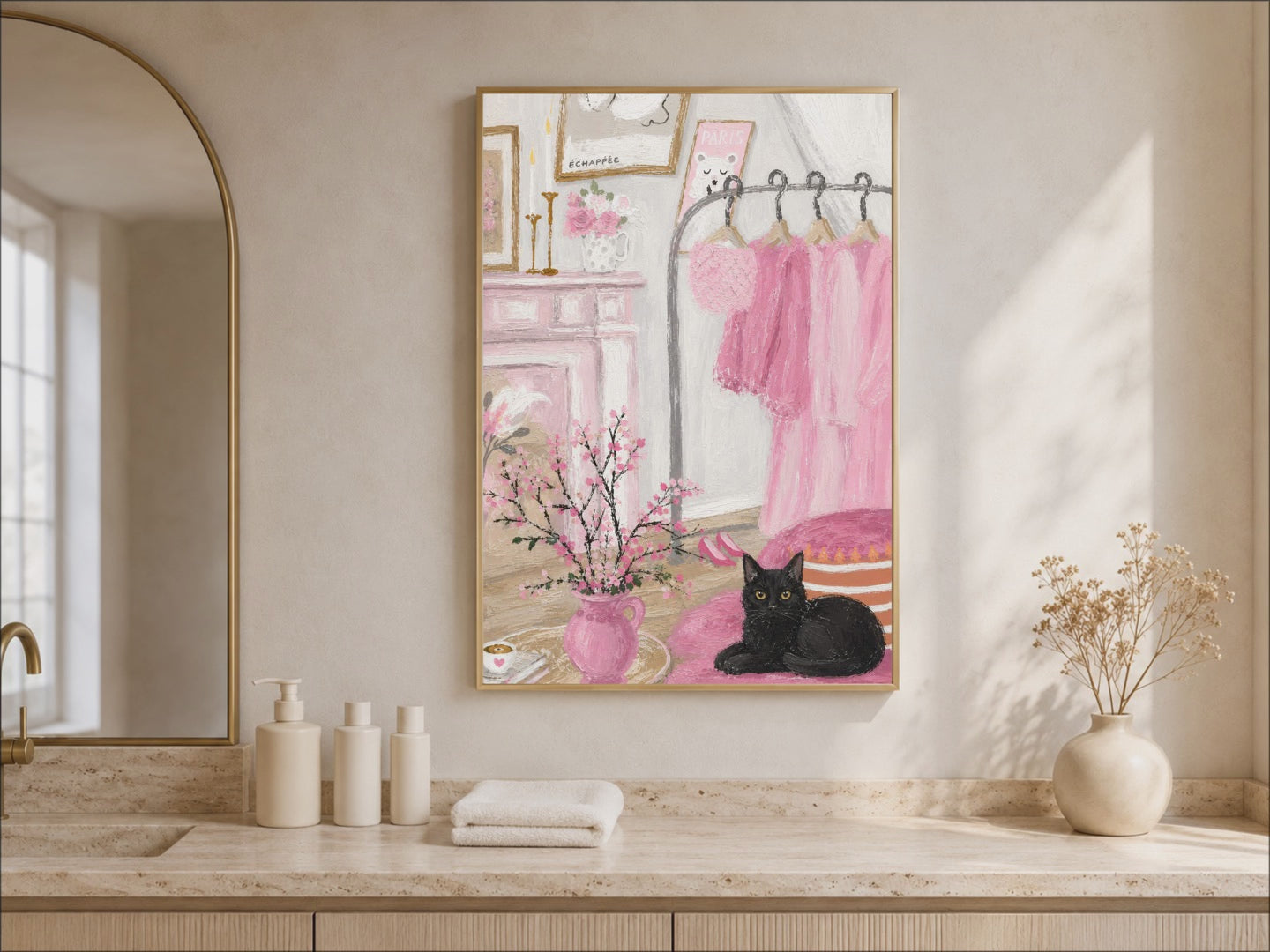 Video of pink boudoir art framed above a bathroom vanity, coquette black cat wall decor