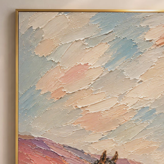 Western patriotic horse and American flag impasto oil painting video mockup thumbnail showing thick palette knife texture, terracotta hills, pink wildflowers, and the American flag in a warm interior setting
