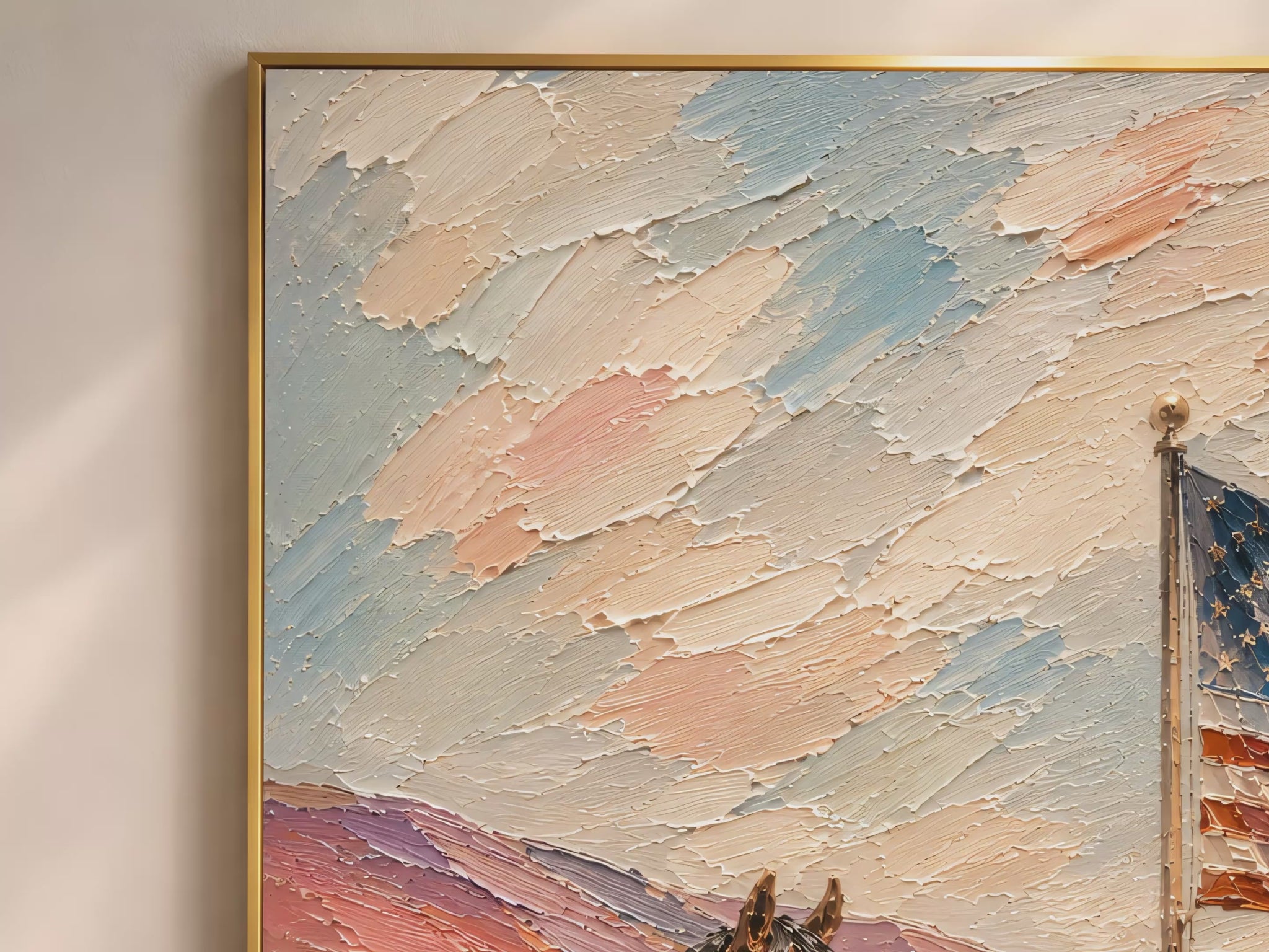 Western patriotic horse and American flag impasto oil painting video mockup thumbnail showing thick palette knife texture, terracotta hills, pink wildflowers, and the American flag in a warm interior setting
