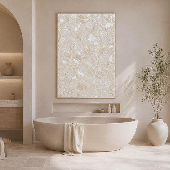 Video preview of a framed terrazzo print displayed in a sunlit bathroom with a freestanding tub.