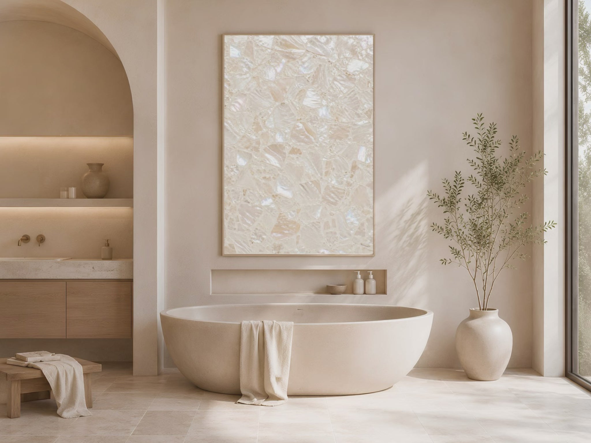 Video preview of a framed terrazzo print displayed in a sunlit bathroom with a freestanding tub.