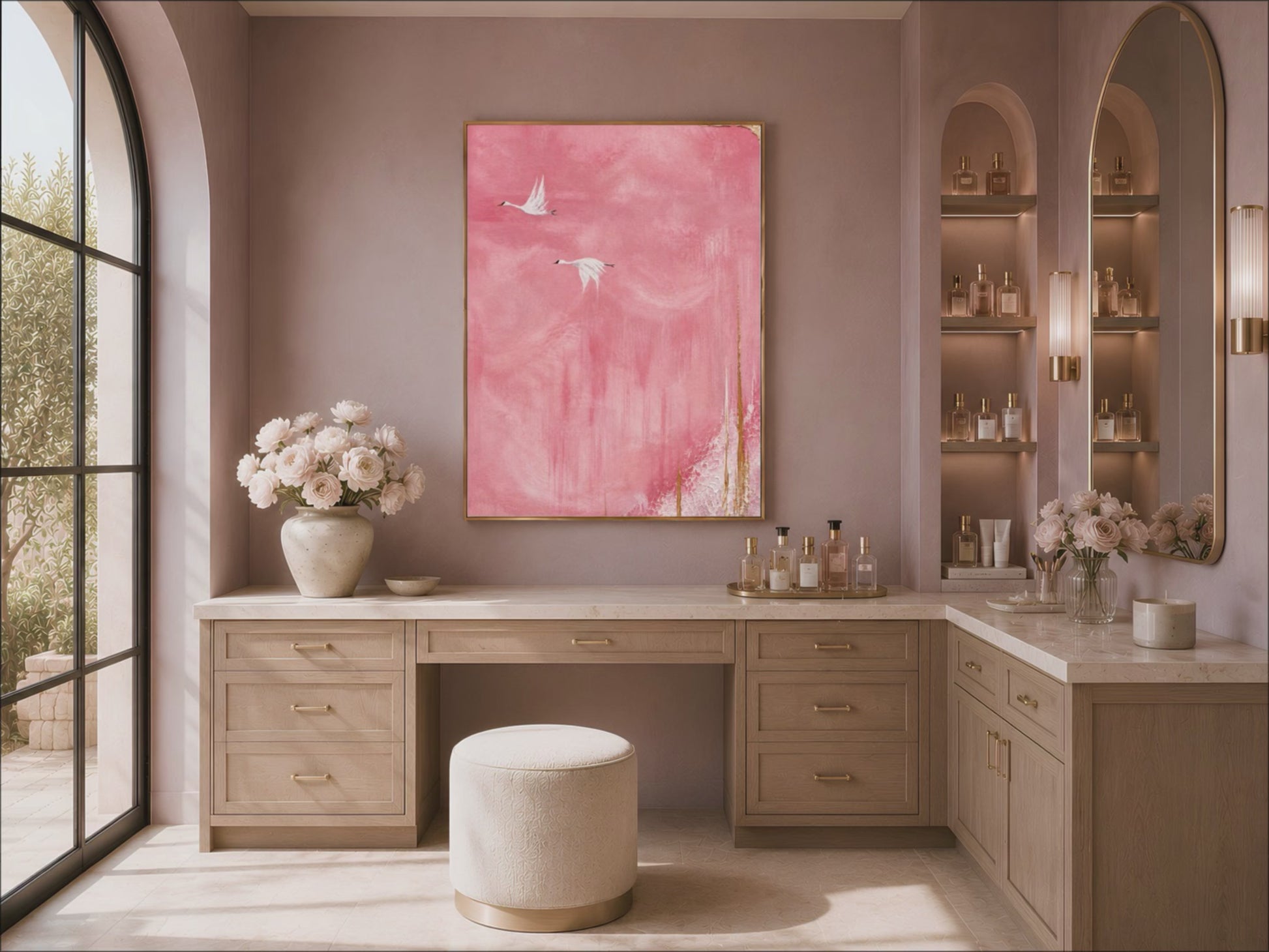 Flying cranes wall art displayed above a vanity desk with fresh florals, pink sky Japandi bird painting print