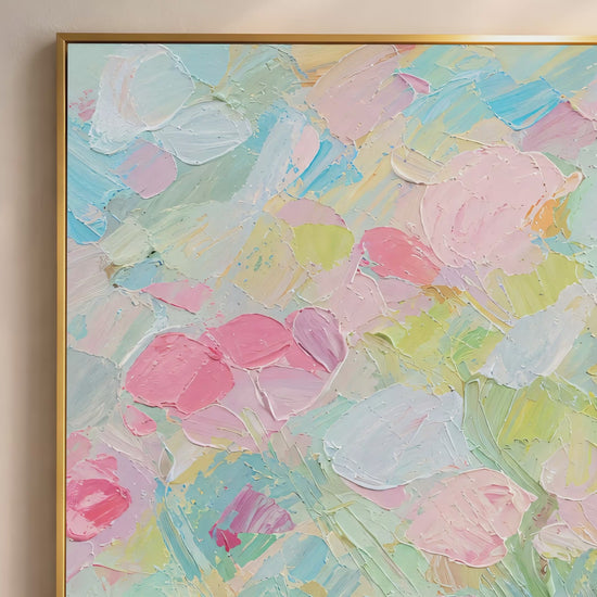 Pastel floral impasto wall art video preview in gold frame, pink and mint blossom texture
