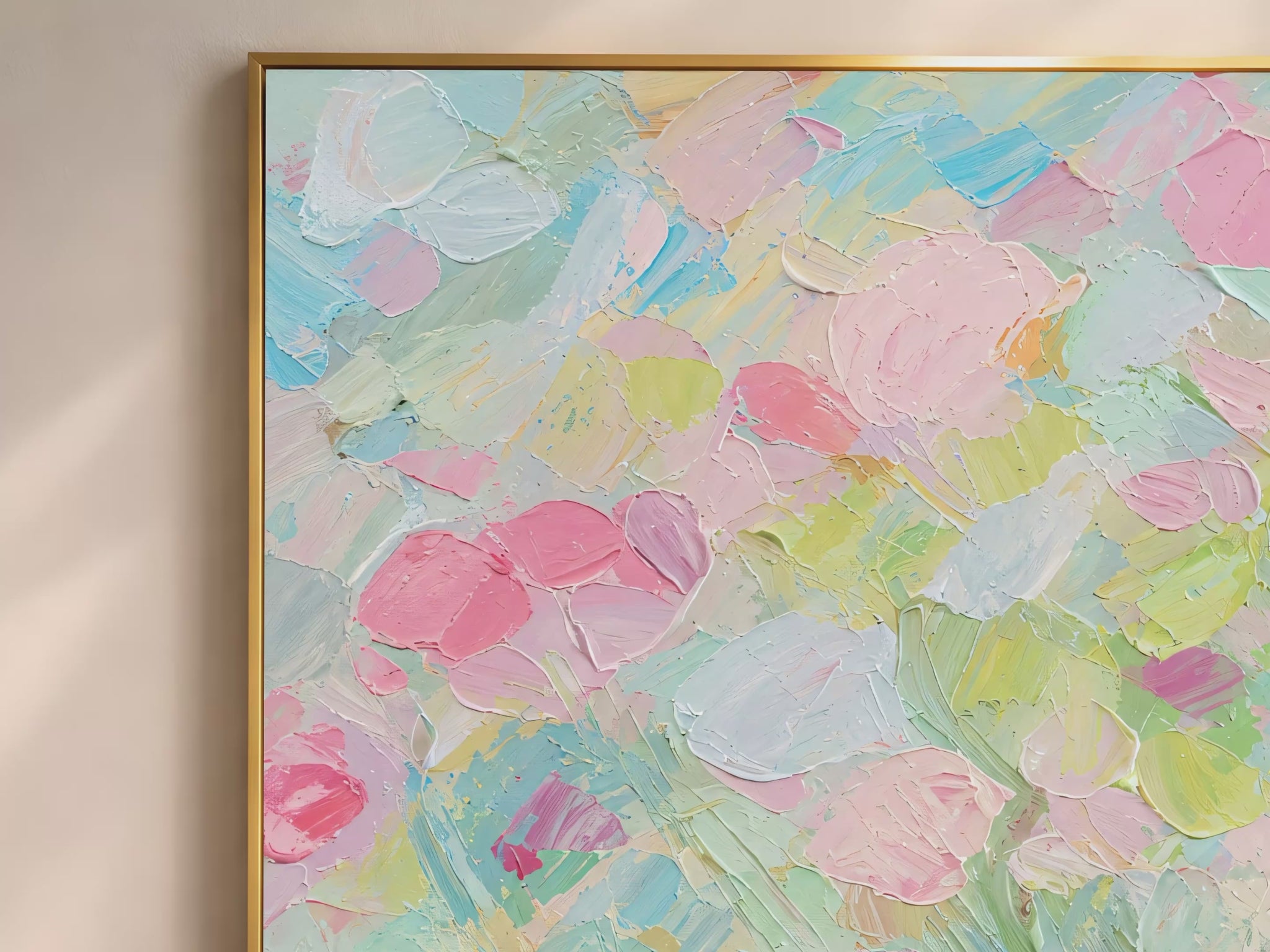 Pastel floral impasto wall art video preview in gold frame, pink and mint blossom texture

