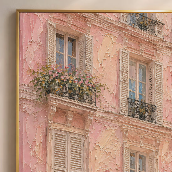 Close-up macro detail of pink Paris building impasto painting texture showing blush stucco, climbing roses and wrought iron balconies (video thumbnail)
