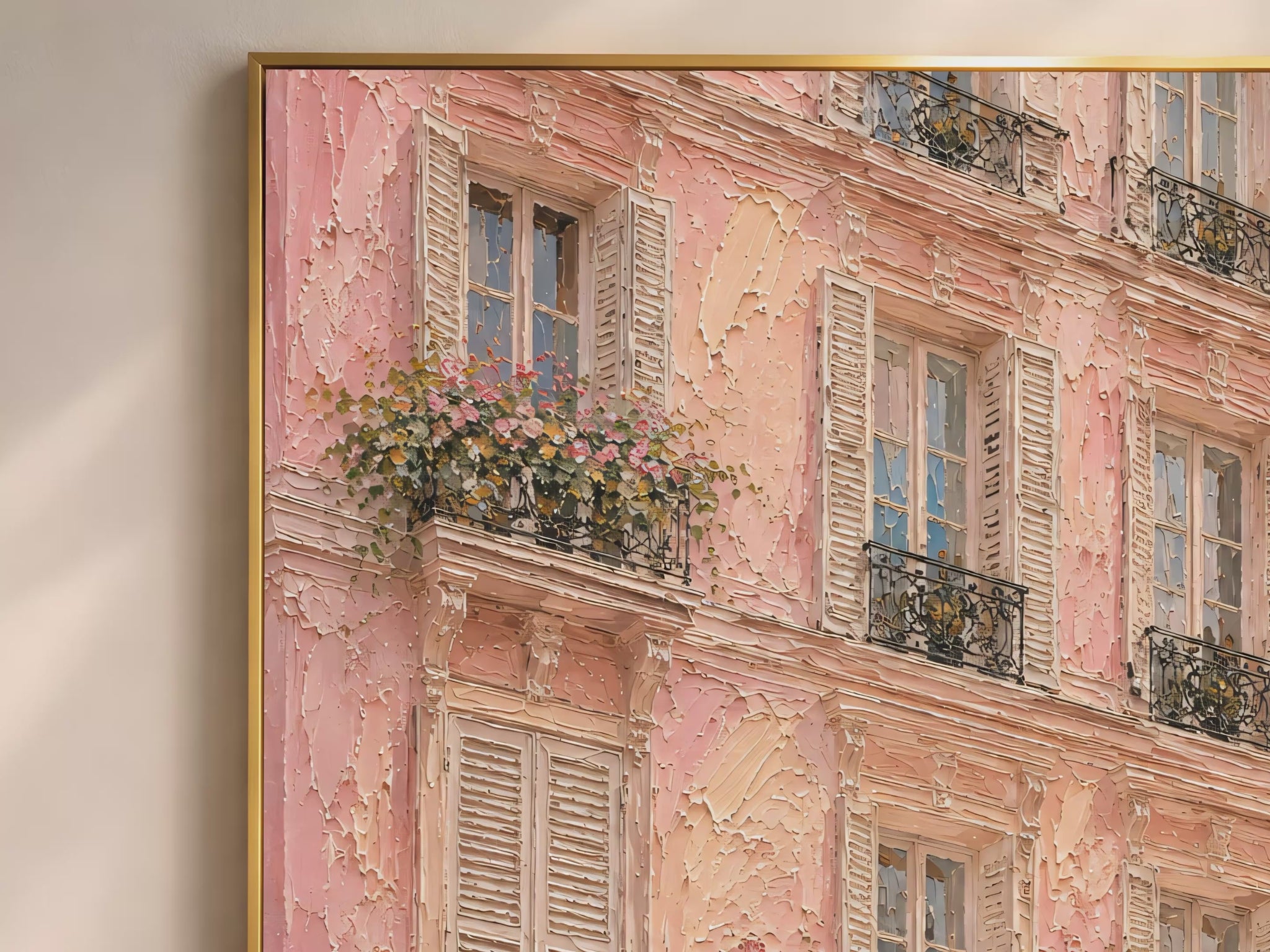 Close-up macro detail of pink Paris building impasto painting texture showing blush stucco, climbing roses and wrought iron balconies (video thumbnail)
