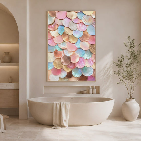 Video preview of jewel tone mermaid scale wall art framed in a spa-style bathroom with soaking tub