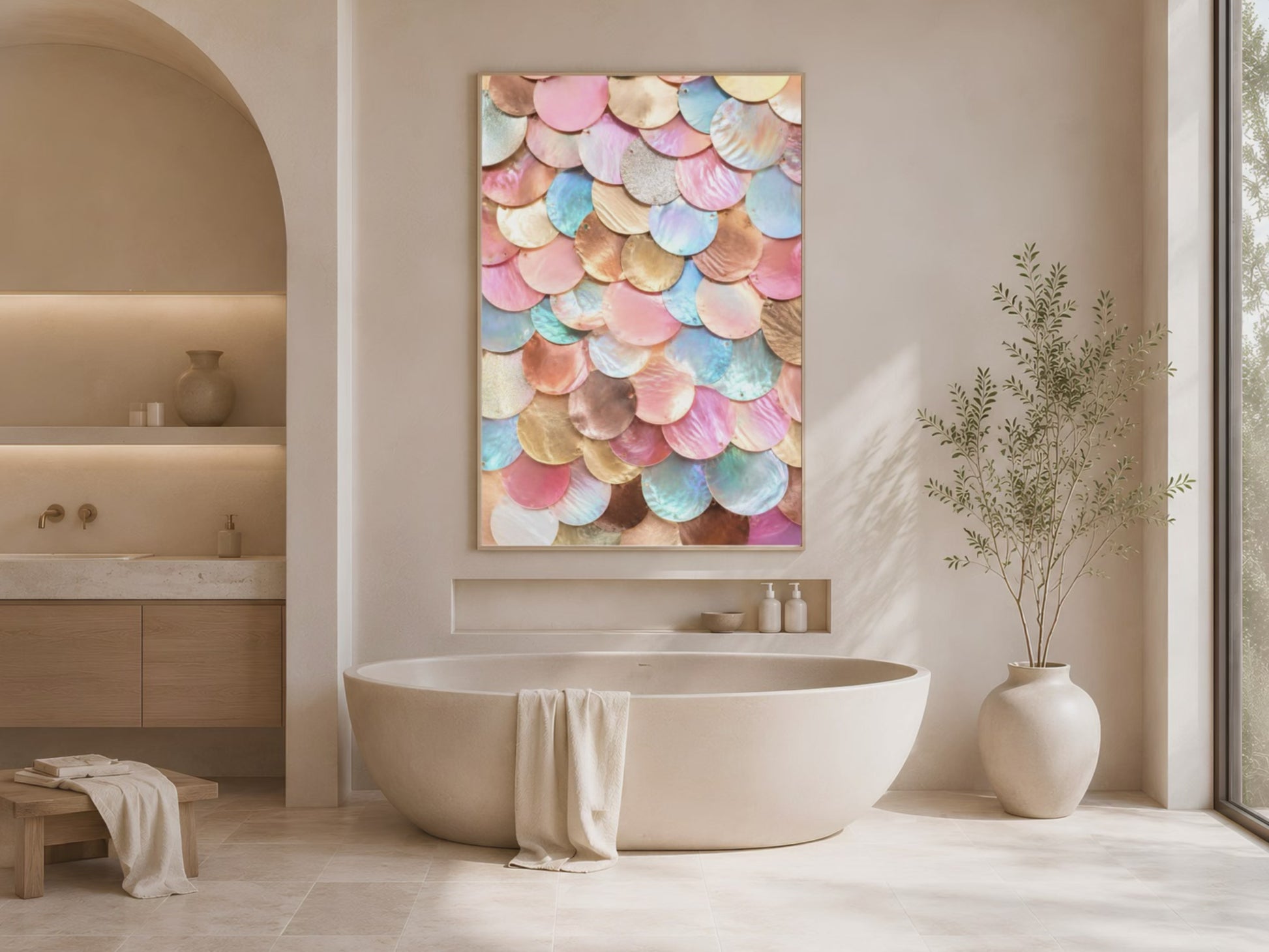 Video preview of jewel tone mermaid scale wall art framed in a spa-style bathroom with soaking tub