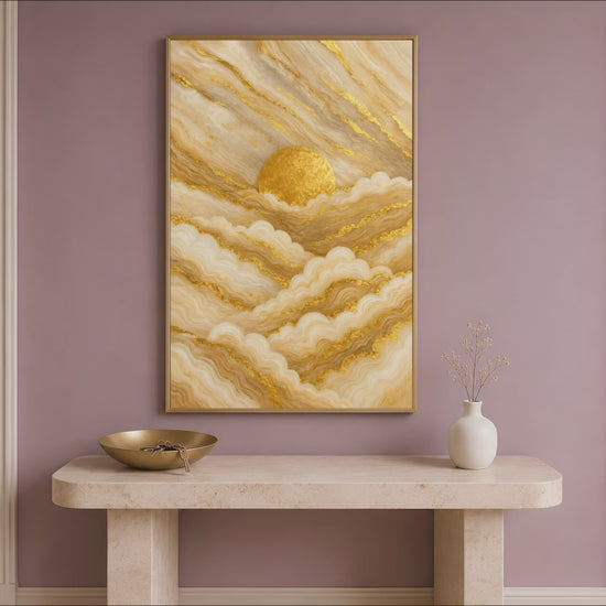 Gold marble abstract wall art hung above an entryway console table, boho sunrise luxury painting print