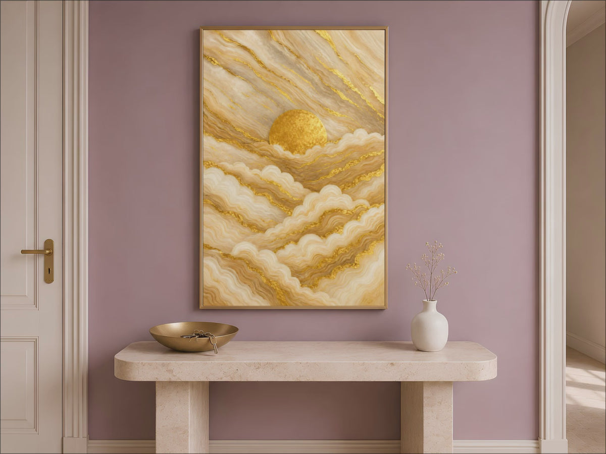 Gold marble abstract wall art hung above an entryway console table, boho sunrise luxury painting print