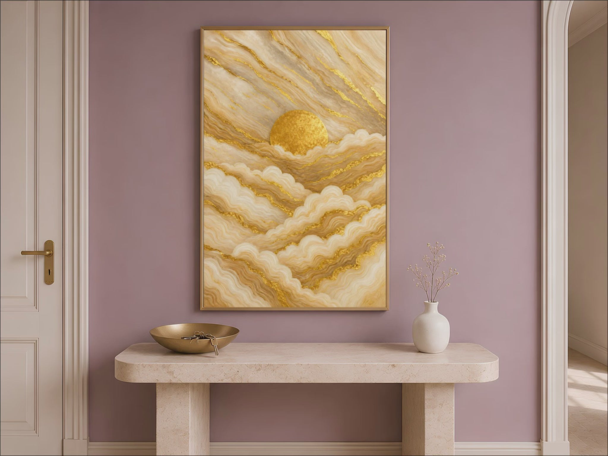 Gold marble abstract wall art hung above an entryway console table, boho sunrise luxury painting print