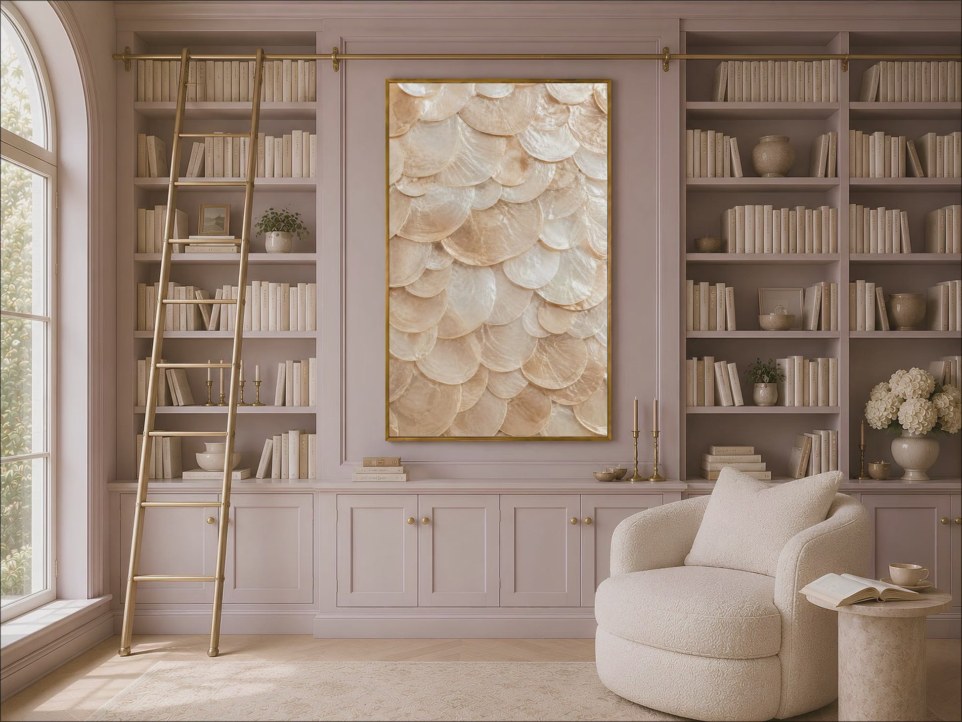 Video preview of a framed capiz shell print displayed in a light-filled room with built-in bookshelves.