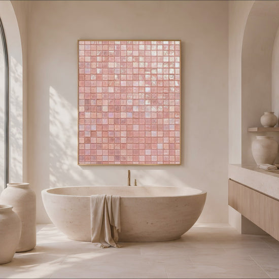 Pink glam wall art framed in gold above a bathroom vanity with a freestanding tub, iridescent blush pearl shimmer texture