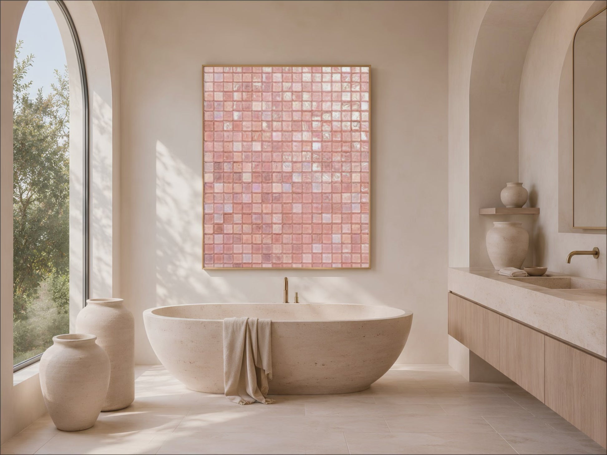 Pink glam wall art framed in gold above a bathroom vanity with a freestanding tub, iridescent blush pearl shimmer texture