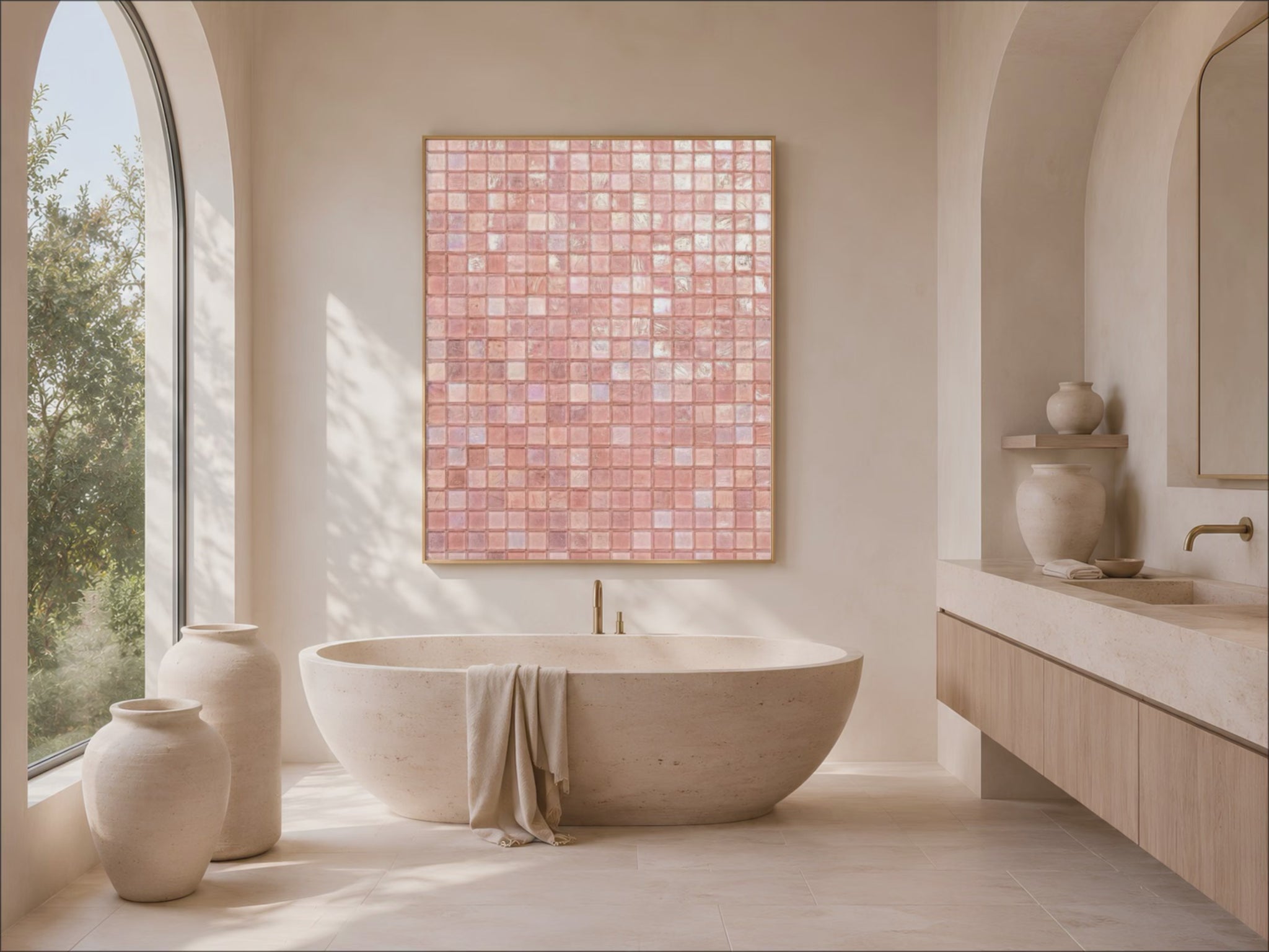Pink glam wall art framed in gold above a bathroom vanity with a freestanding tub, iridescent blush pearl shimmer texture