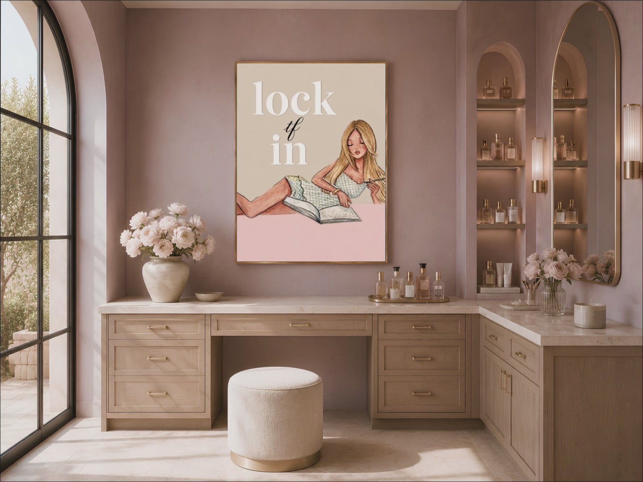 Lock TF In printable wall art displayed above a vanity desk with cream stool, coquette study motivation illustration print