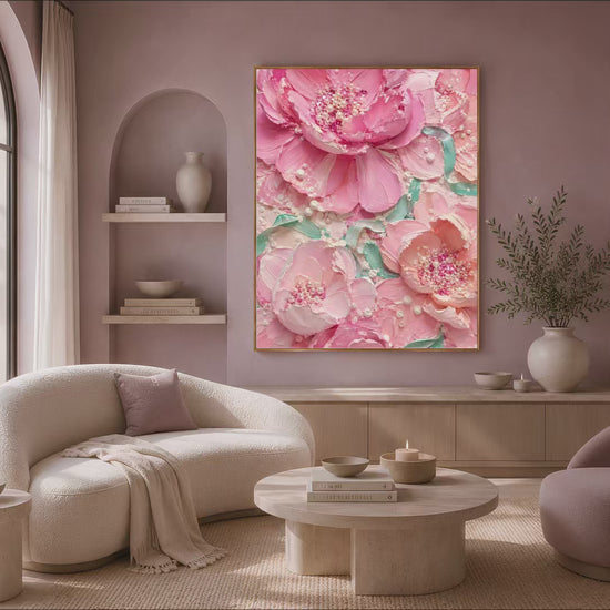 Pink peony impasto print styled in a neutral boho living room with cream sofa (video)
