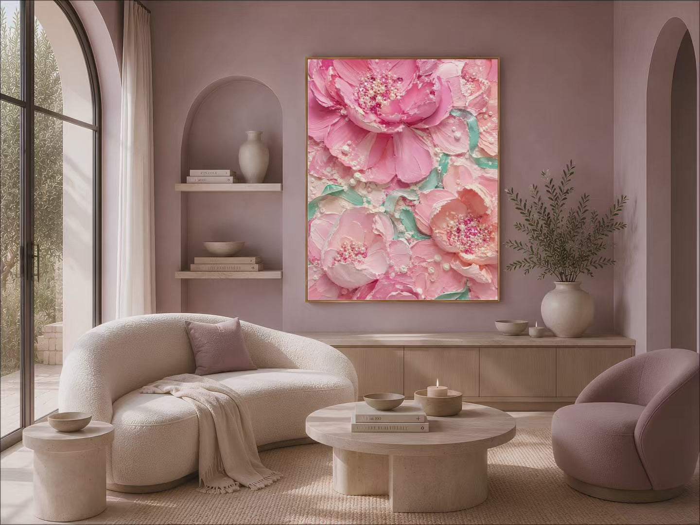 Pink peony impasto print styled in a neutral boho living room with cream sofa (video)
