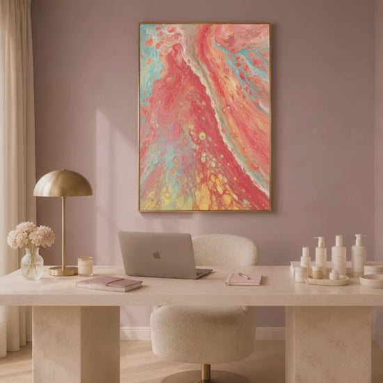 Coral red abstract swirl wall art in gold frame in bright living room with marble console candles and large window (video)
