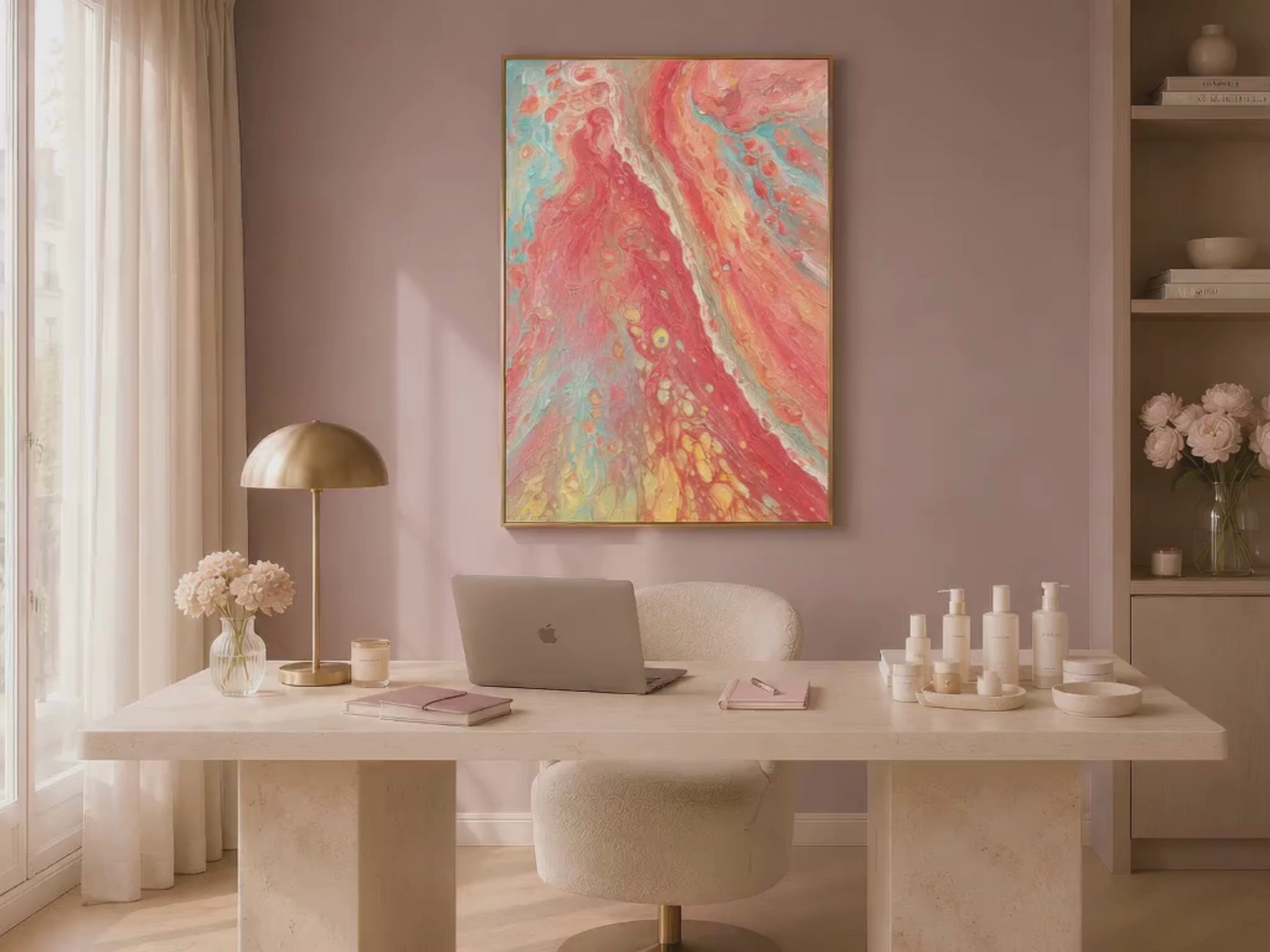Coral red abstract swirl wall art in gold frame in bright living room with marble console candles and large window (video)
