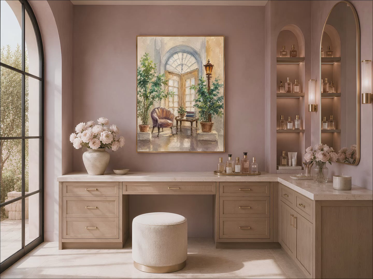 Mediterranean courtyard wall art in a gold frame above a mauve wall in a dressing area with a vanity and stool
