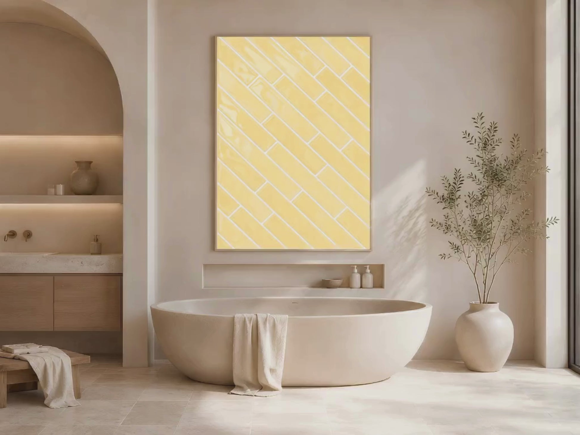 Butter yellow herringbone tile print in a natural wood frame displayed in a warm cream spa bathroom with a freestanding soaking tub and arched mirror
