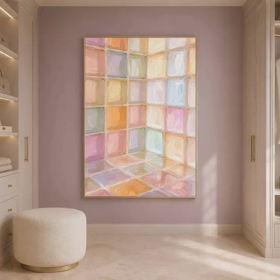 Rainbow pastel mosaic tile print in gold frame in styled dressing room with wardrobe and cream ottoman (video)
