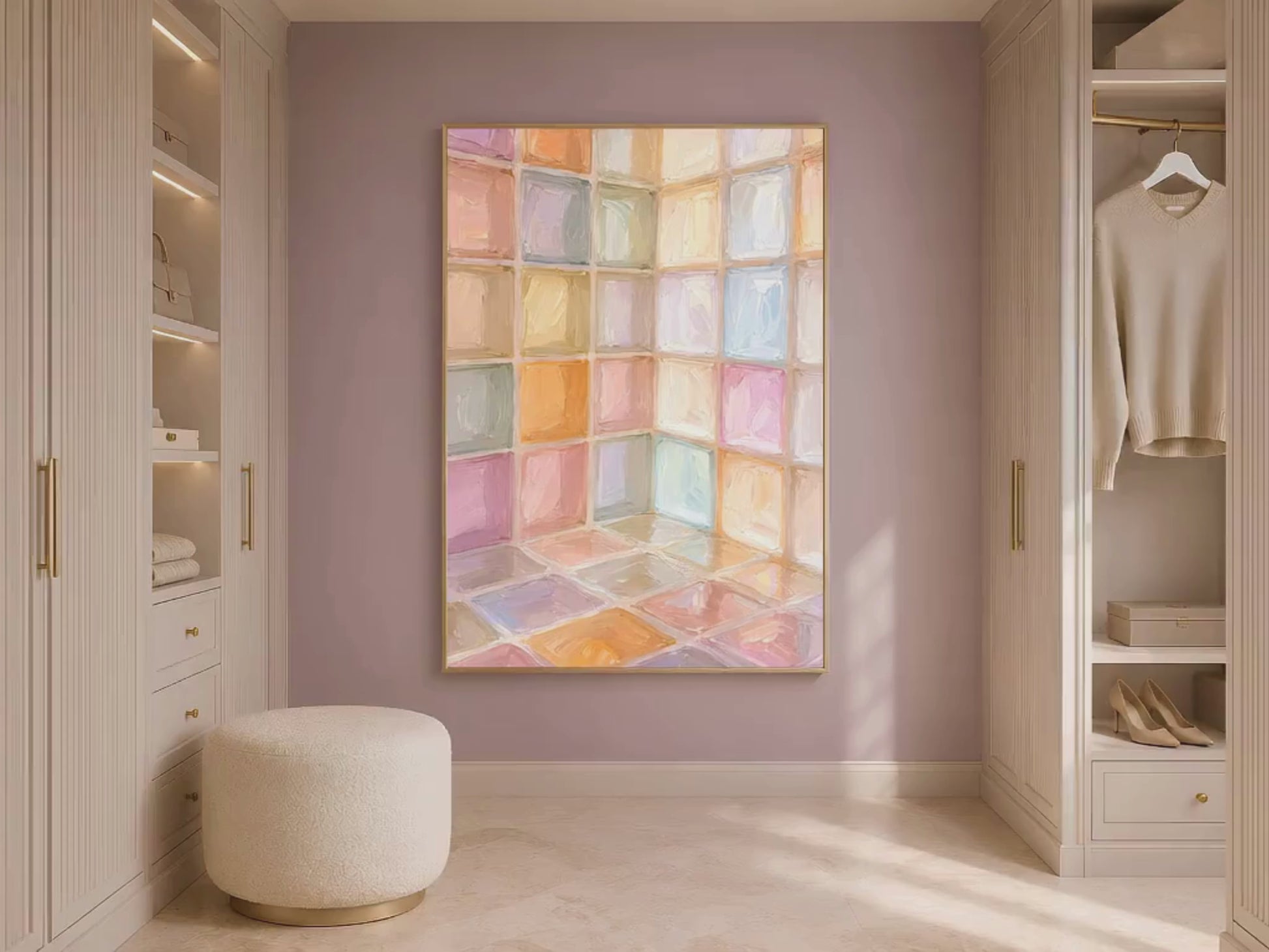 Rainbow pastel mosaic tile print in gold frame in styled dressing room with wardrobe and cream ottoman (video)
