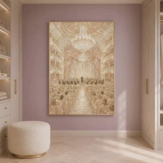 Video of pearl ivory concert hall wall art framed in gold displayed in neutral closet with open shelving
