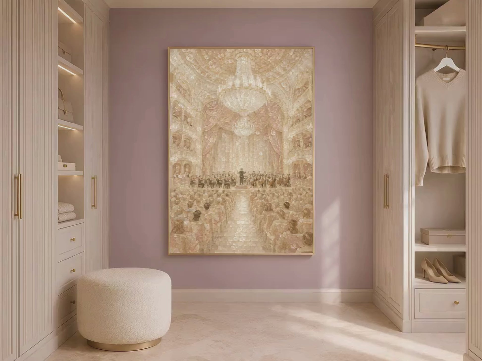 Video of pearl ivory concert hall wall art framed in gold displayed in neutral closet with open shelving
