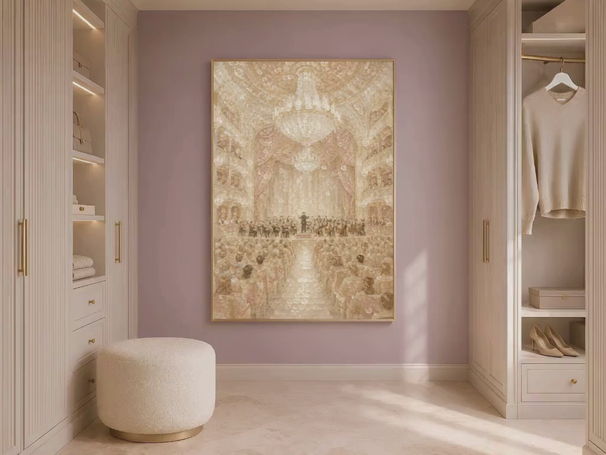 Video of pearl ivory concert hall wall art framed in gold displayed in neutral closet with open shelving

