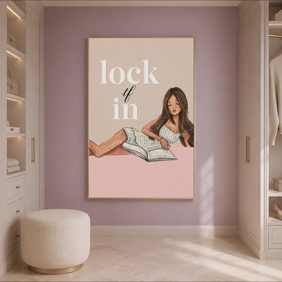 Lock TF In printable wall art hung in a walk-in closet with arched shelving, funny motivational girl journaling print for dressing room decor