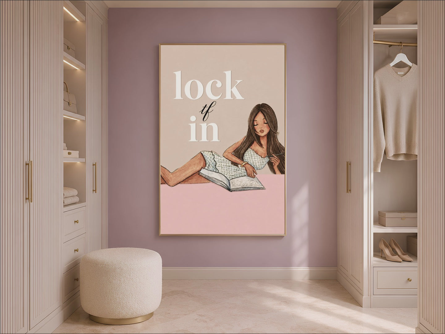 Lock TF In printable wall art hung in a walk-in closet with arched shelving, funny motivational girl journaling print for dressing room decor
