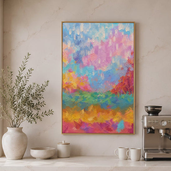Rainbow abstract landscape wall art video preview above home coffee bar with espresso machine
