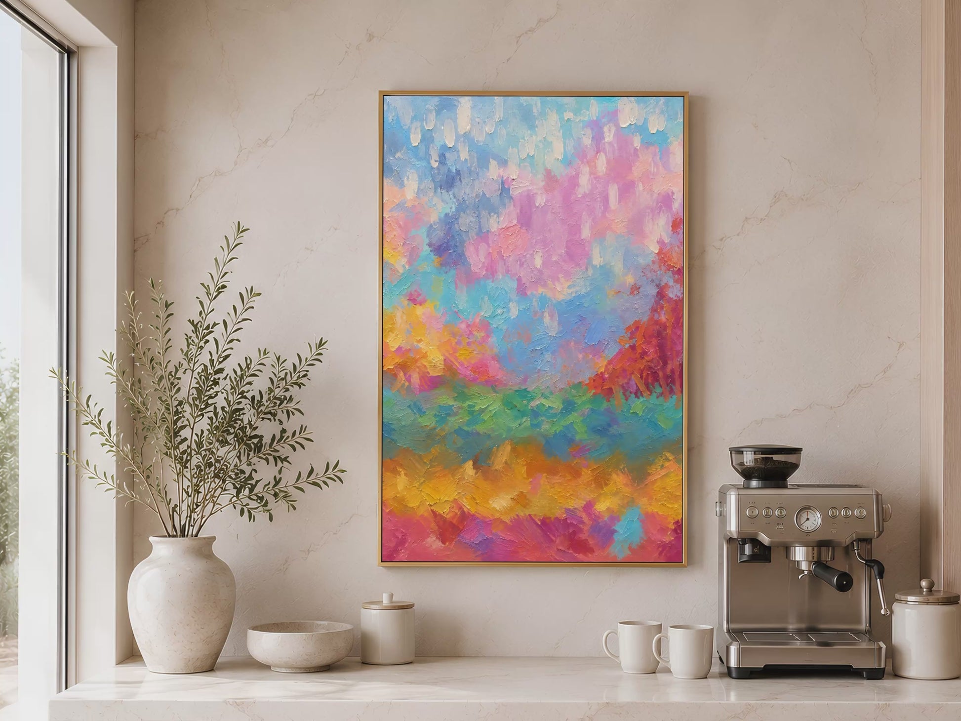 Rainbow abstract landscape wall art video preview above home coffee bar with espresso machine
