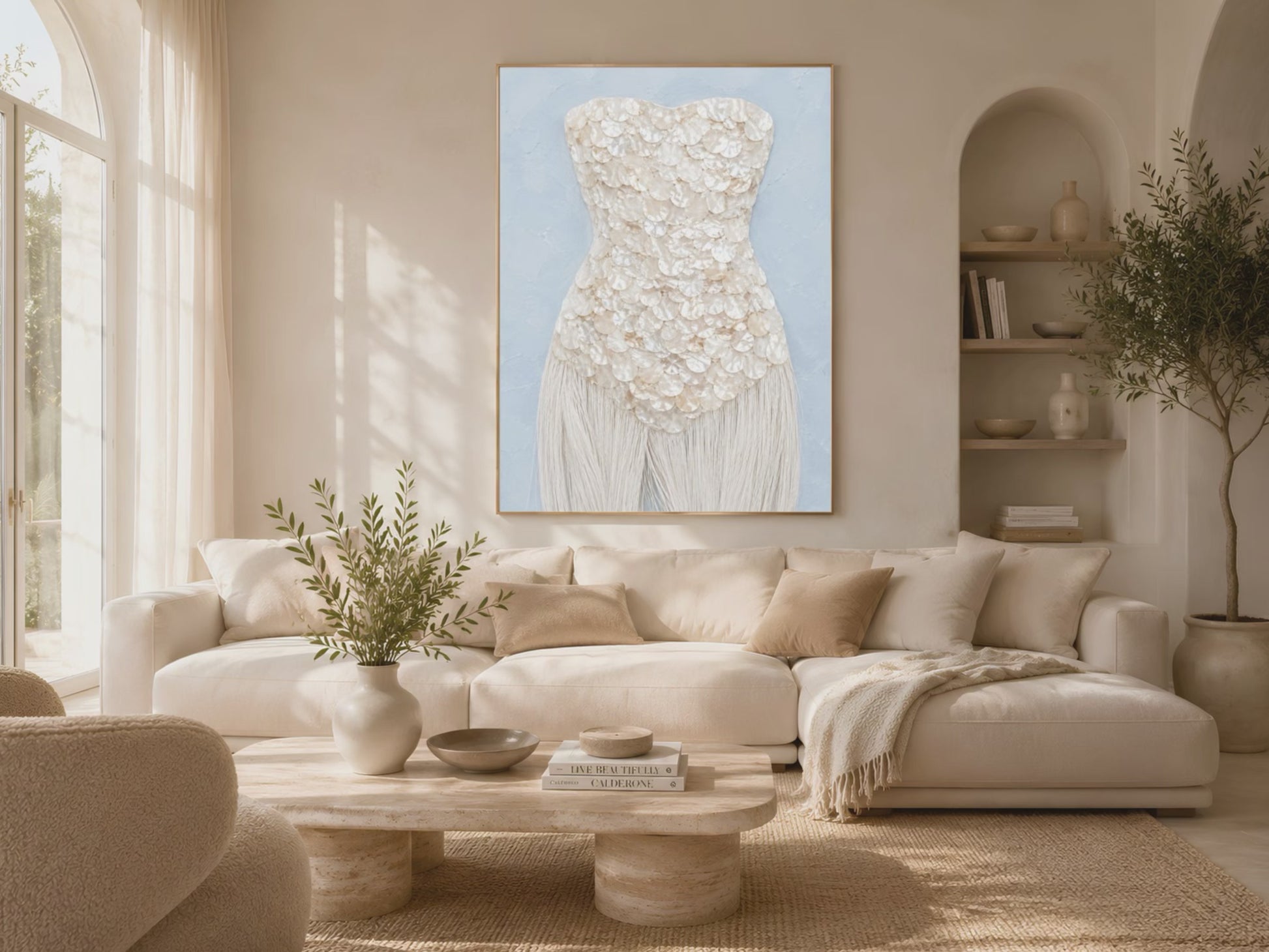 Framed mother of pearl textural art print styled above a cream boucle sofa in a bright neutral living room.