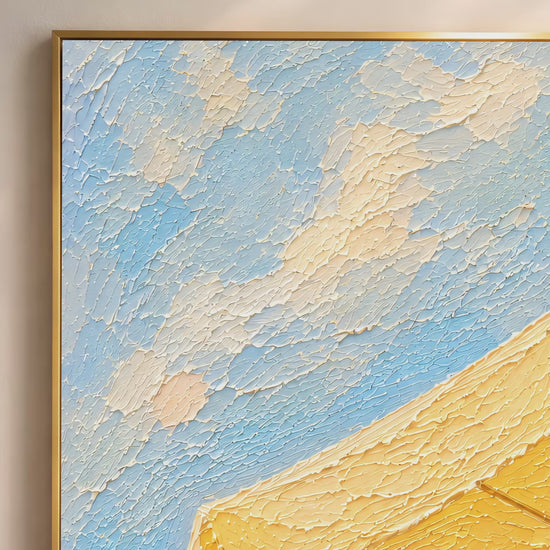 Close-up macro detail of yellow beach umbrella impasto painting texture in butter yellow and sky blue showing thick palette knife strokes (video thumbnail)
