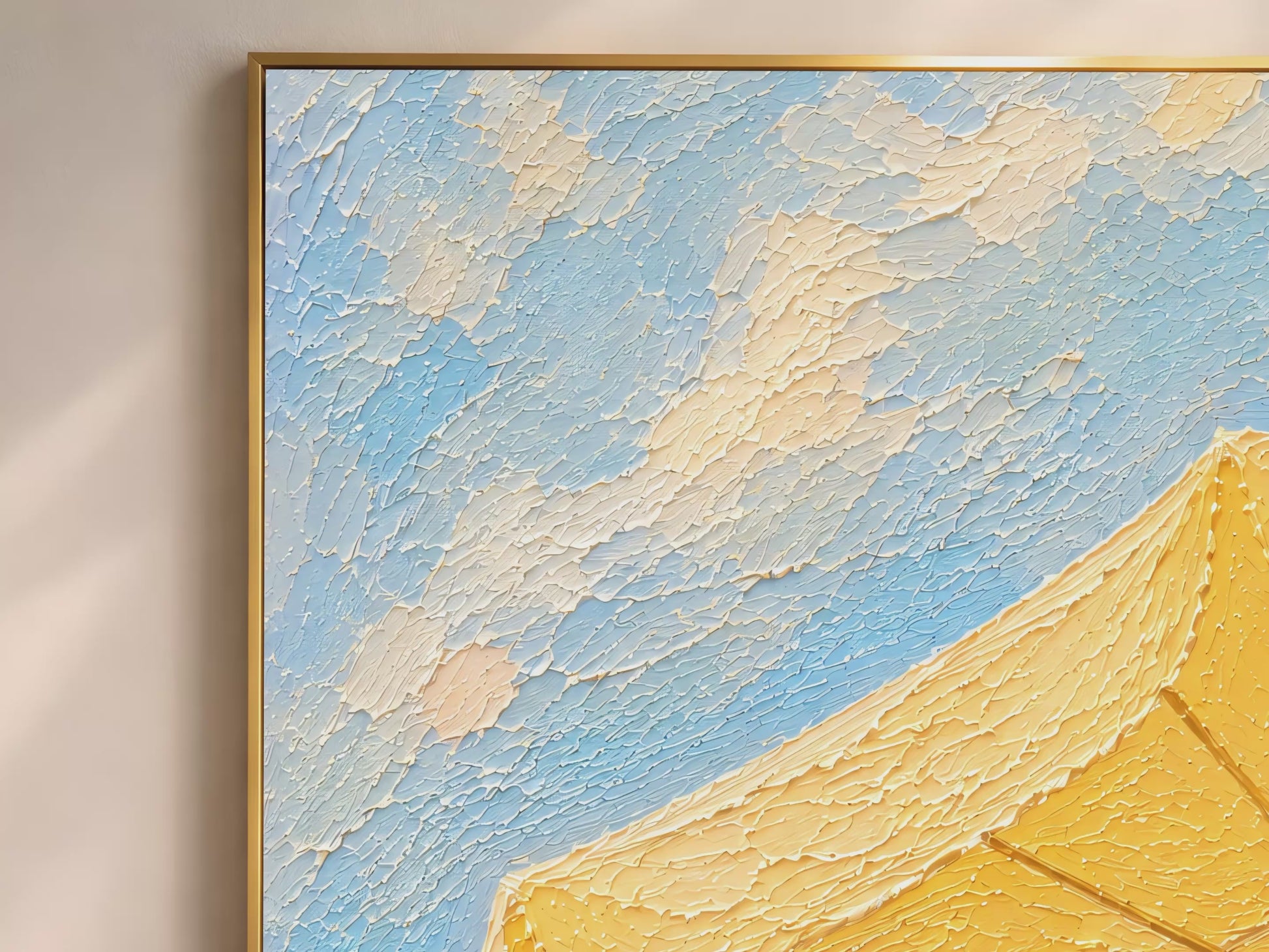Close-up macro detail of yellow beach umbrella impasto painting texture in butter yellow and sky blue showing thick palette knife strokes (video thumbnail)
