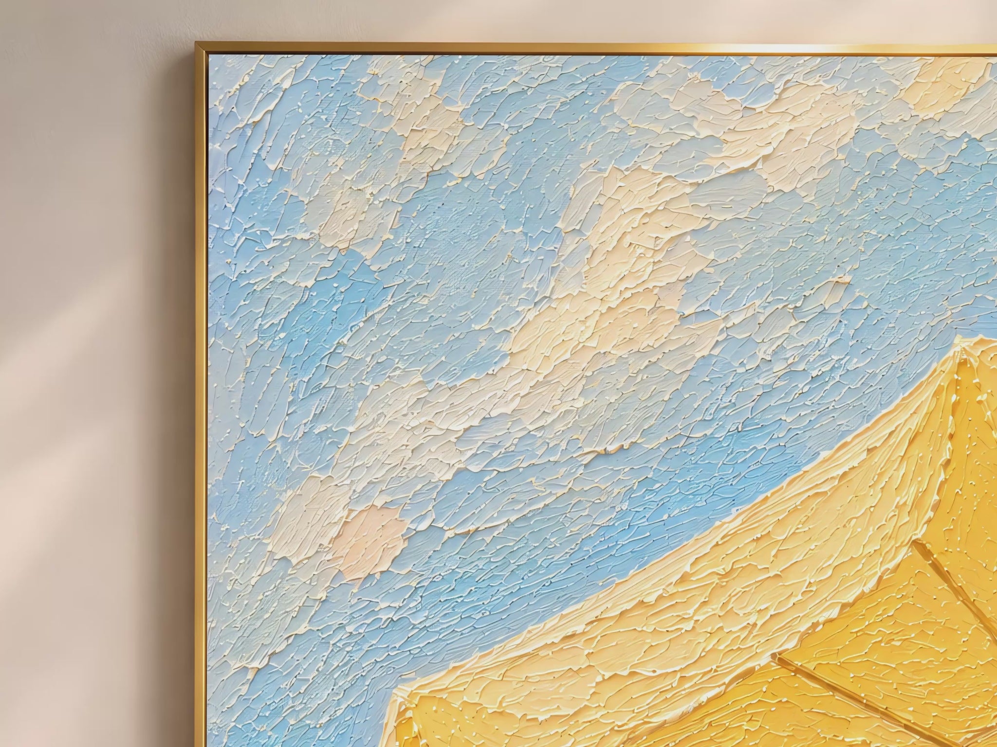 Close-up macro detail of yellow beach umbrella impasto painting texture in butter yellow and sky blue showing thick palette knife strokes (video thumbnail)
