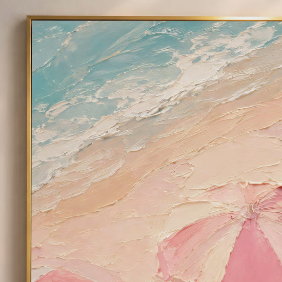 Video preview of aerial pink beach umbrella and sun lounger impasto oil painting wall art digital download