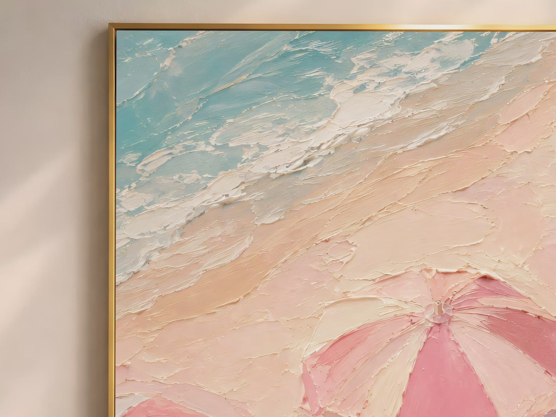 Video preview of aerial pink beach umbrella and sun lounger impasto oil painting wall art digital download