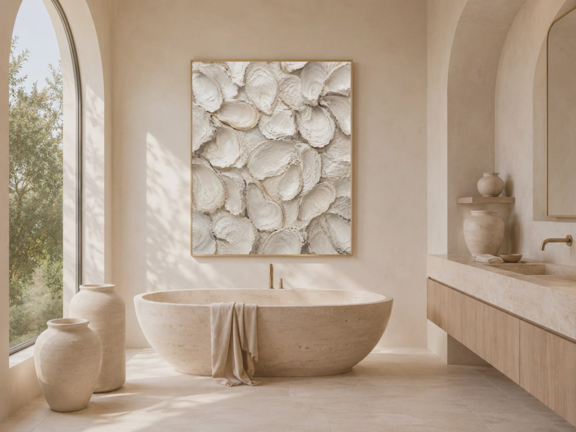 Video preview of a framed oyster shell print displayed in a sunlit bathroom with a freestanding tub.