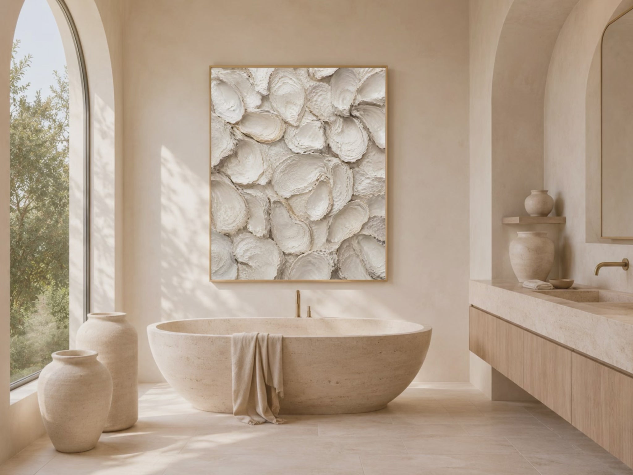 Video preview of a framed oyster shell print displayed in a sunlit bathroom with a freestanding tub.